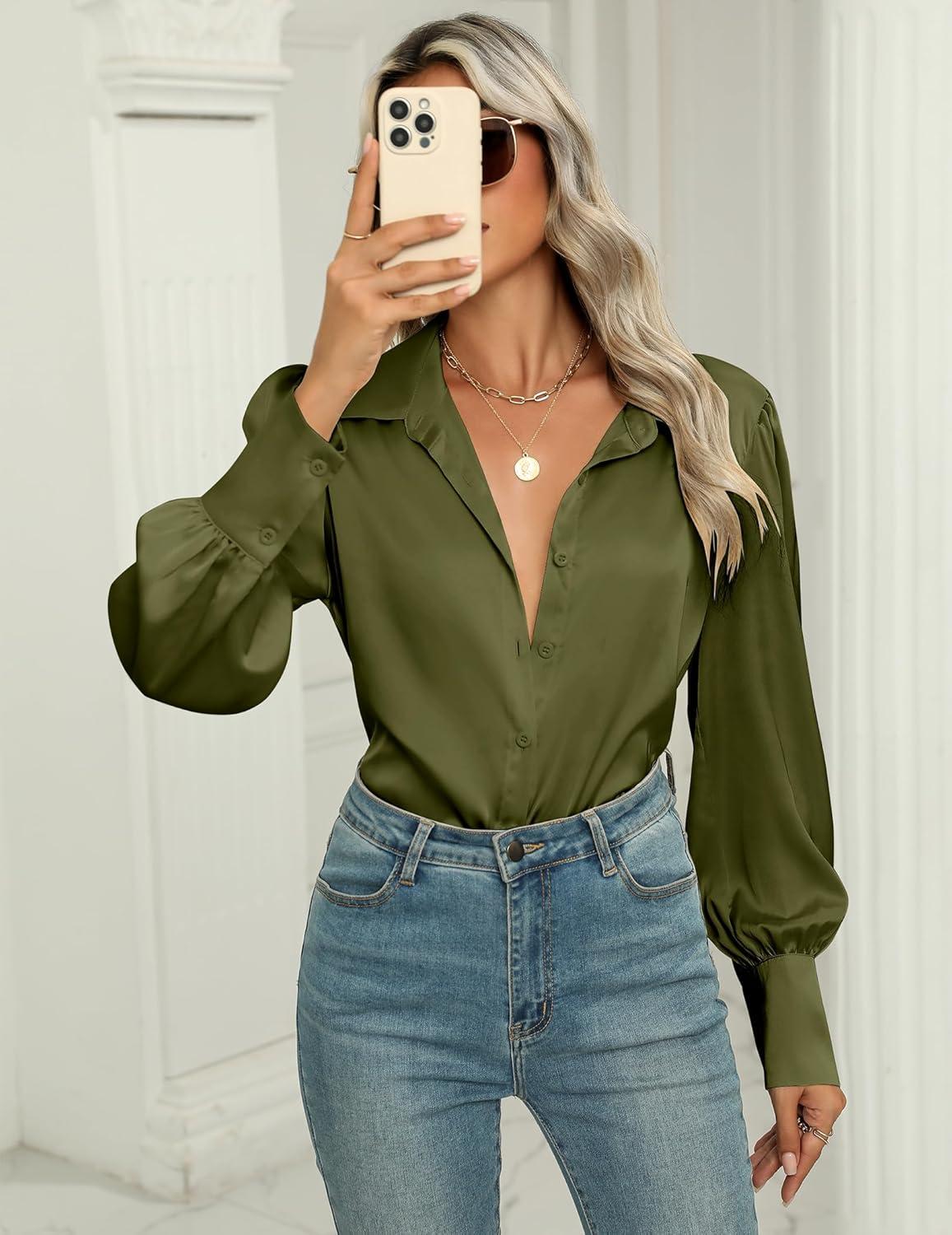 imageZeagoo Womens Satin Blouse Lantern Long Sleeve Silk Button Down Shirt Dressy Casual Business Work Tunic TopsArmy Green