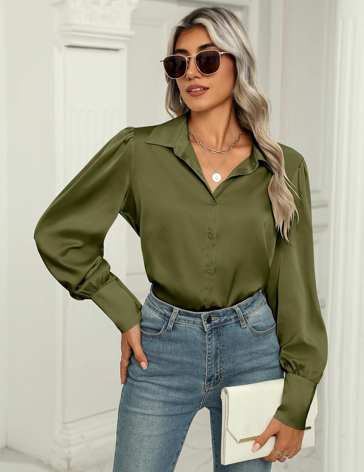 imageZeagoo Womens Satin Blouse Lantern Long Sleeve Silk Button Down Shirt Dressy Casual Business Work Tunic TopsArmy Green