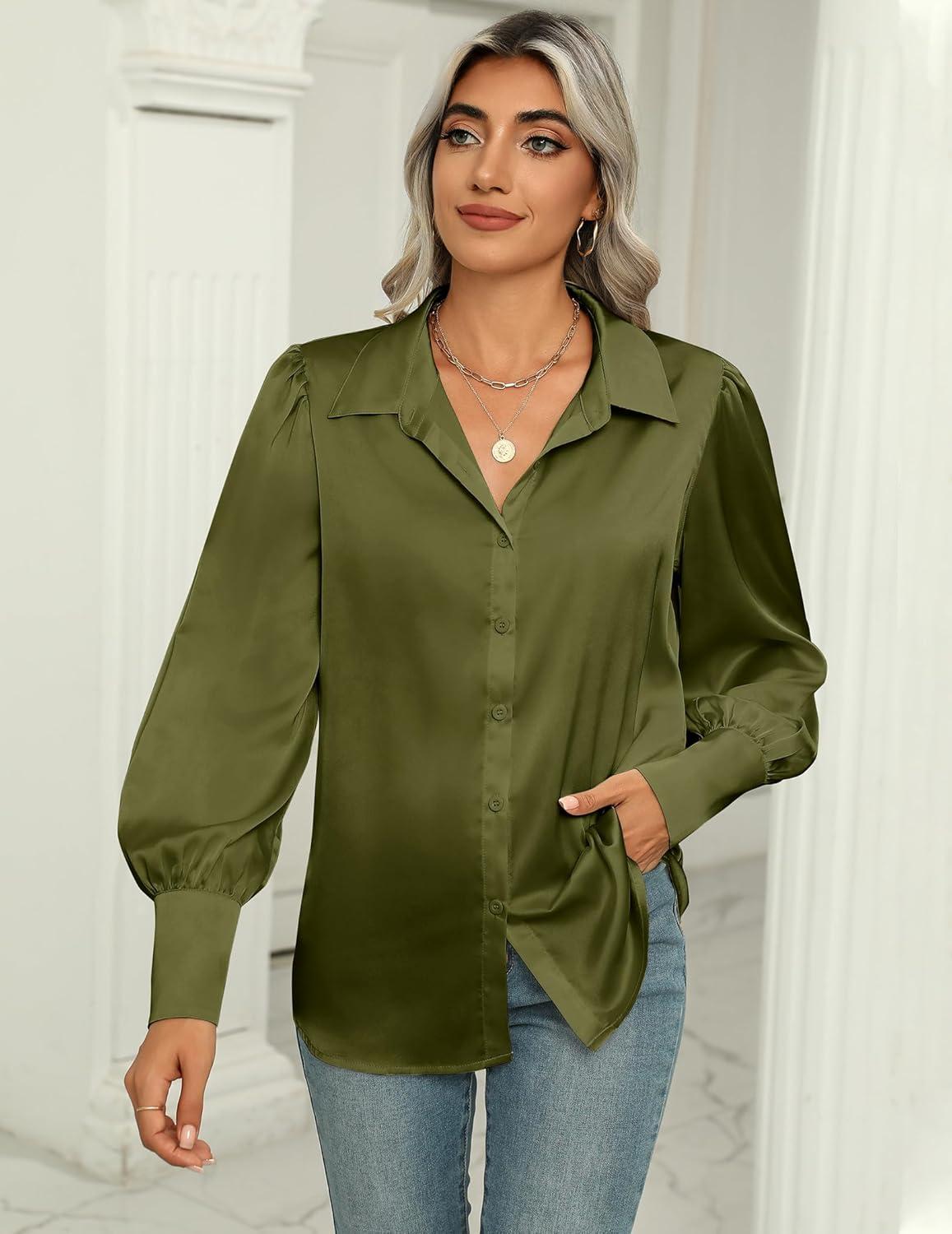 imageZeagoo Womens Satin Blouse Lantern Long Sleeve Silk Button Down Shirt Dressy Casual Business Work Tunic TopsArmy Green