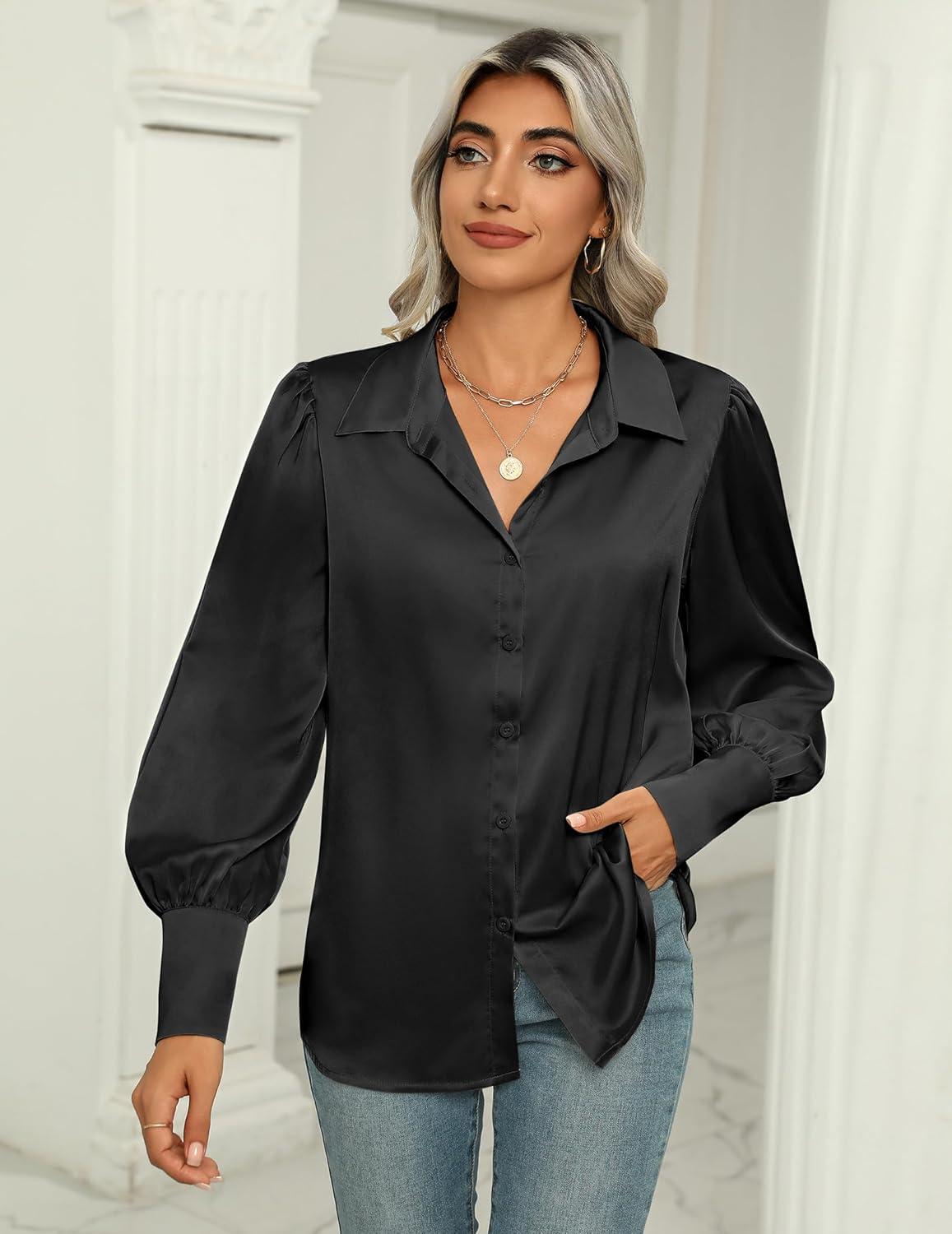 imageZeagoo Womens Satin Blouse Lantern Long Sleeve Silk Button Down Shirt Dressy Casual Business Work Tunic TopsBlack