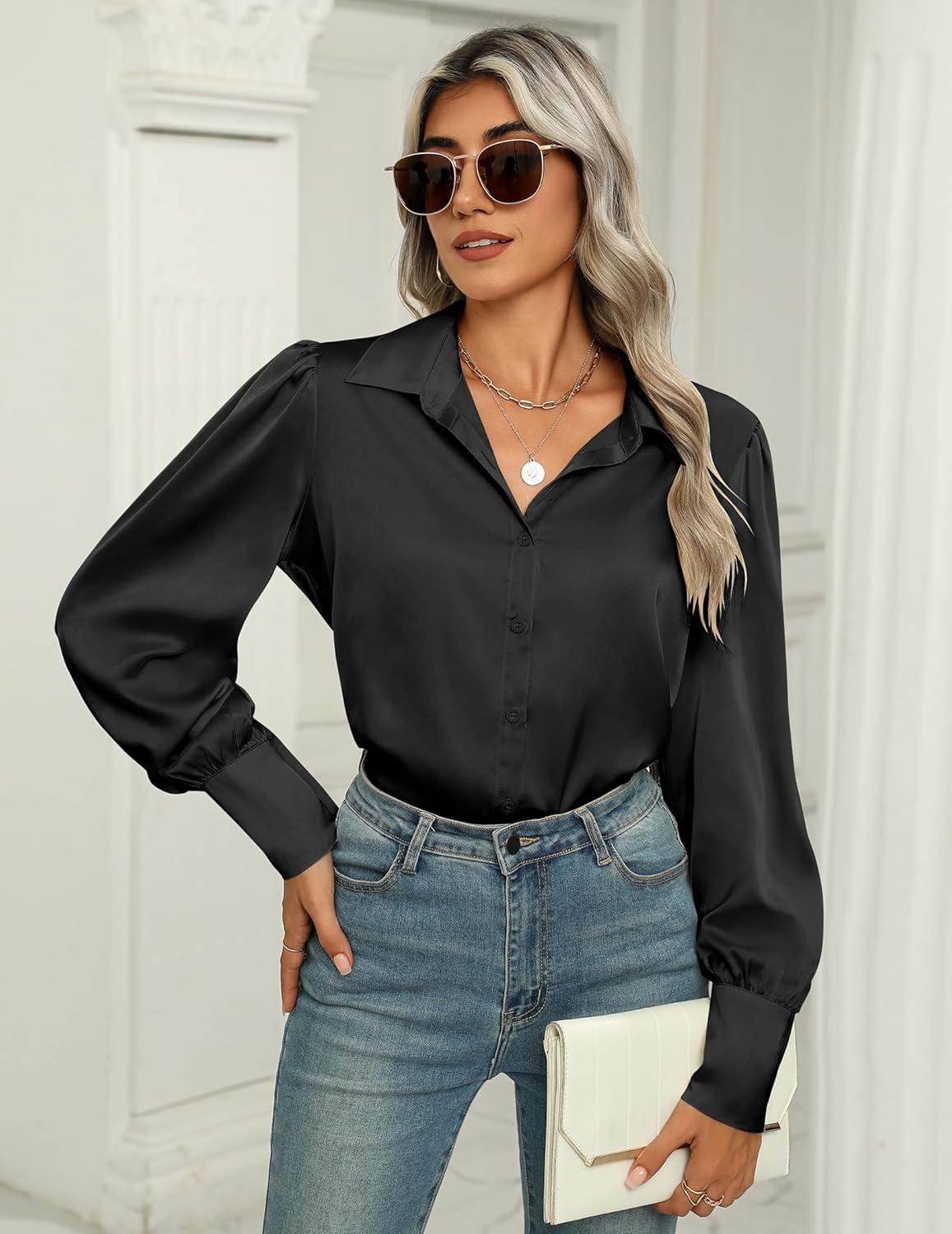 imageZeagoo Womens Satin Blouse Lantern Long Sleeve Silk Button Down Shirt Dressy Casual Business Work Tunic TopsBlack