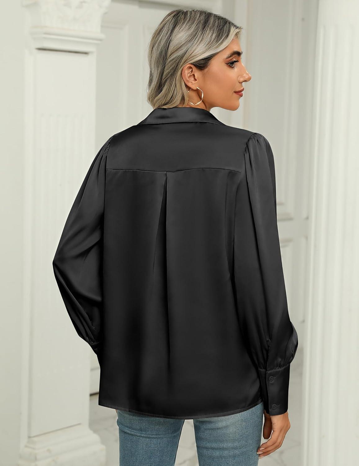 imageZeagoo Womens Satin Blouse Lantern Long Sleeve Silk Button Down Shirt Dressy Casual Business Work Tunic TopsBlack