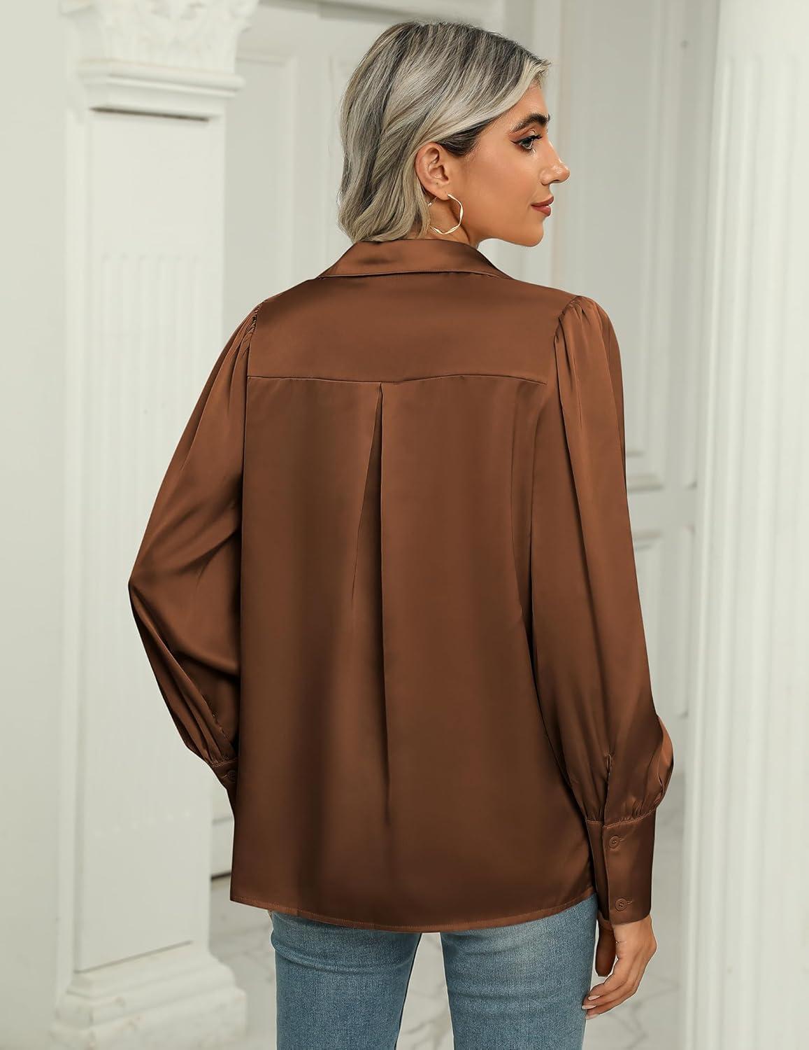 imageZeagoo Womens Satin Blouse Lantern Long Sleeve Silk Button Down Shirt Dressy Casual Business Work Tunic TopsBrown