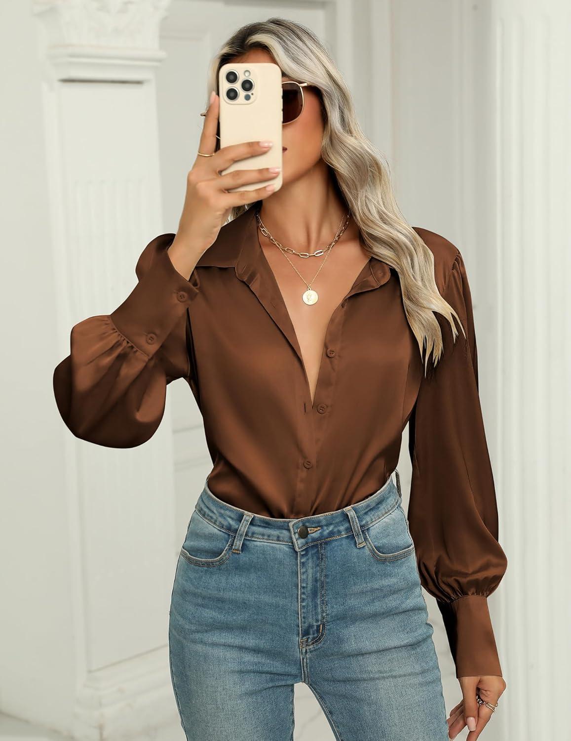 imageZeagoo Womens Satin Blouse Lantern Long Sleeve Silk Button Down Shirt Dressy Casual Business Work Tunic TopsBrown