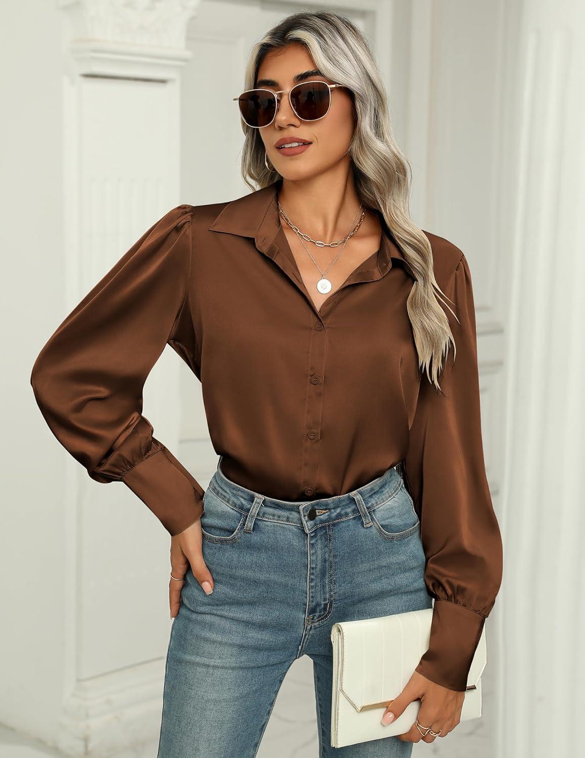 imageZeagoo Womens Satin Blouse Lantern Long Sleeve Silk Button Down Shirt Dressy Casual Business Work Tunic TopsBrown