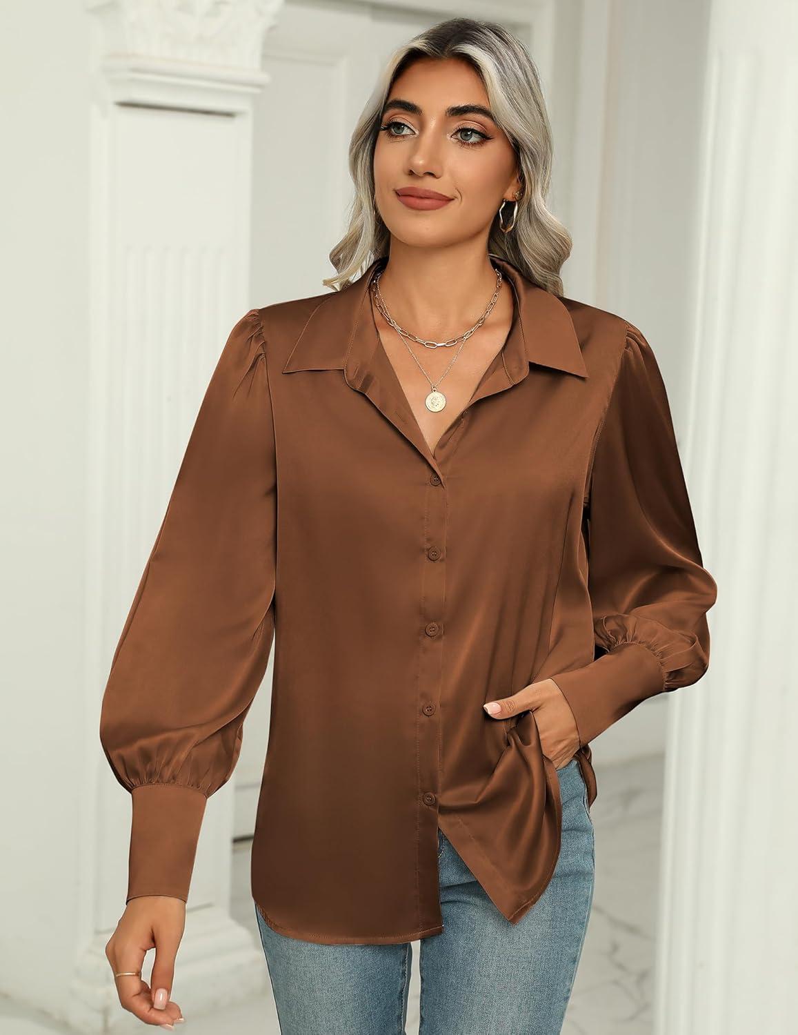 imageZeagoo Womens Satin Blouse Lantern Long Sleeve Silk Button Down Shirt Dressy Casual Business Work Tunic TopsBrown