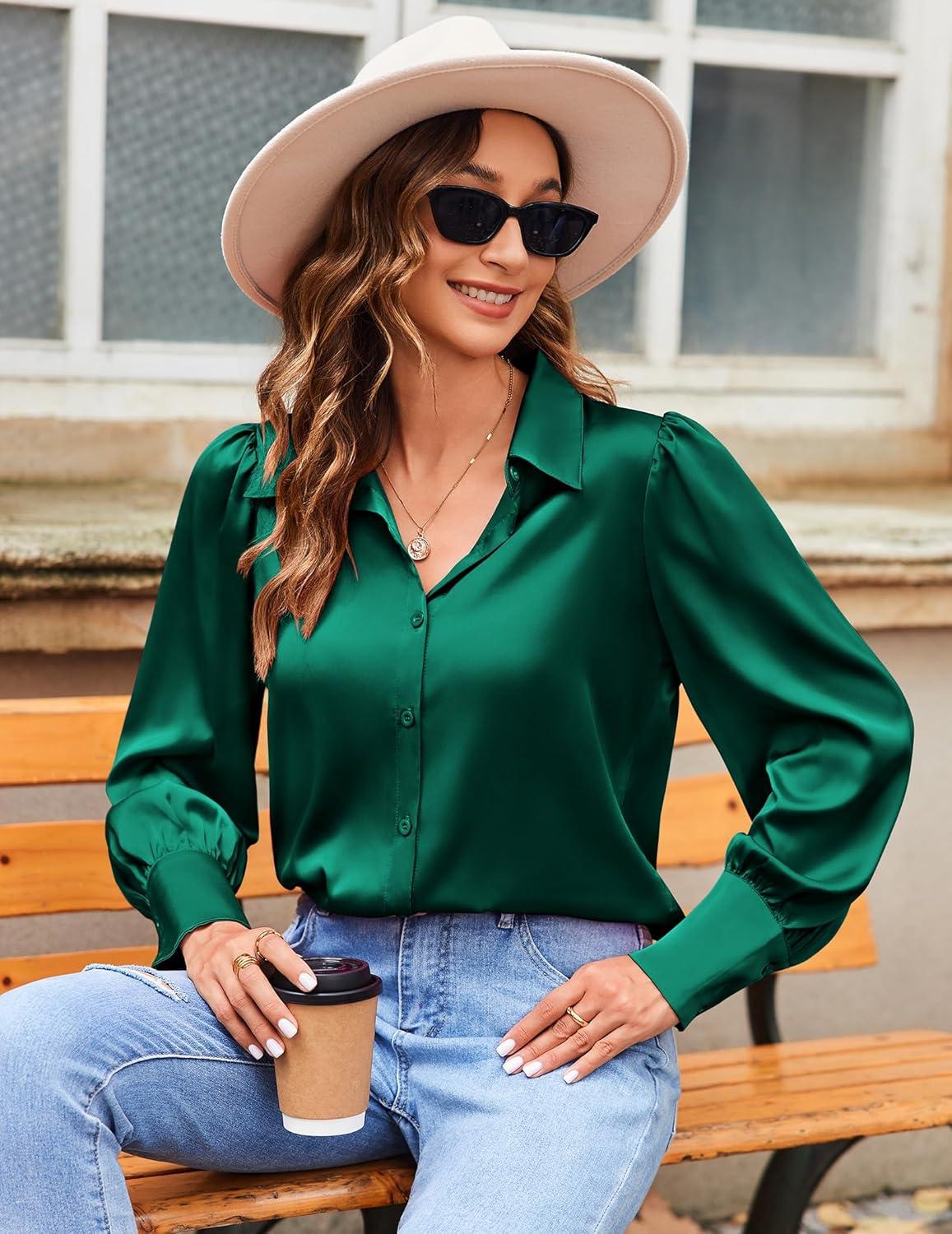 imageZeagoo Womens Satin Blouse Lantern Long Sleeve Silk Button Down Shirt Dressy Casual Business Work Tunic TopsGreen