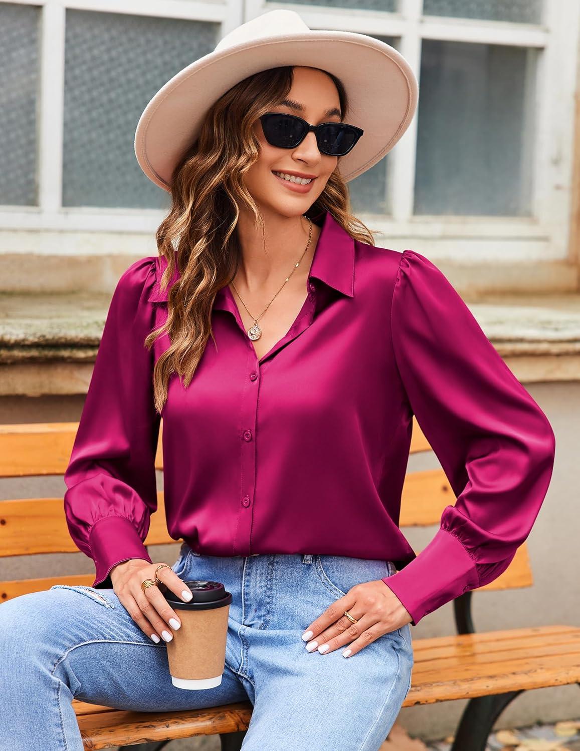 imageZeagoo Womens Satin Blouse Lantern Long Sleeve Silk Button Down Shirt Dressy Casual Business Work Tunic TopsHot Pink