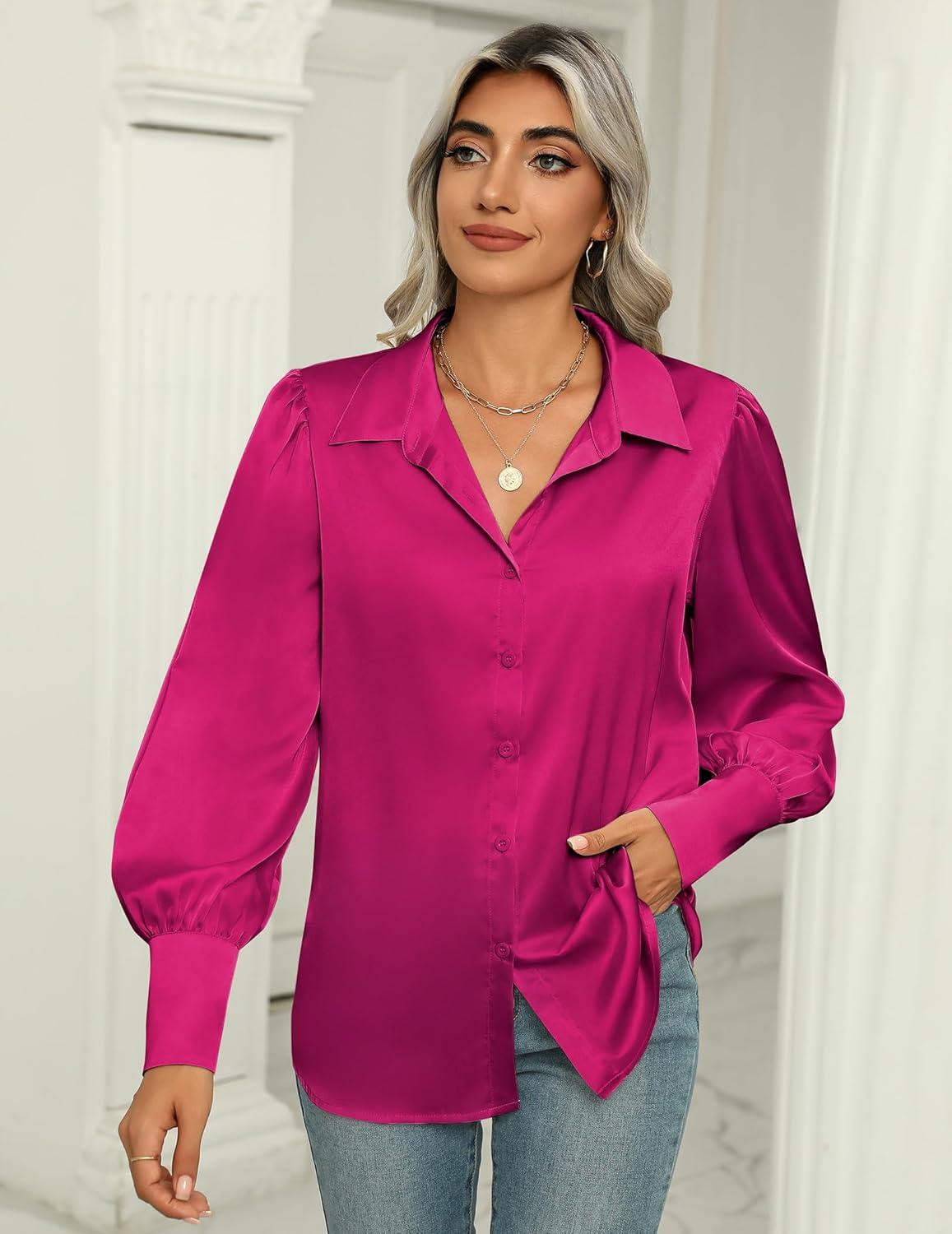 imageZeagoo Womens Satin Blouse Lantern Long Sleeve Silk Button Down Shirt Dressy Casual Business Work Tunic TopsHot Pink
