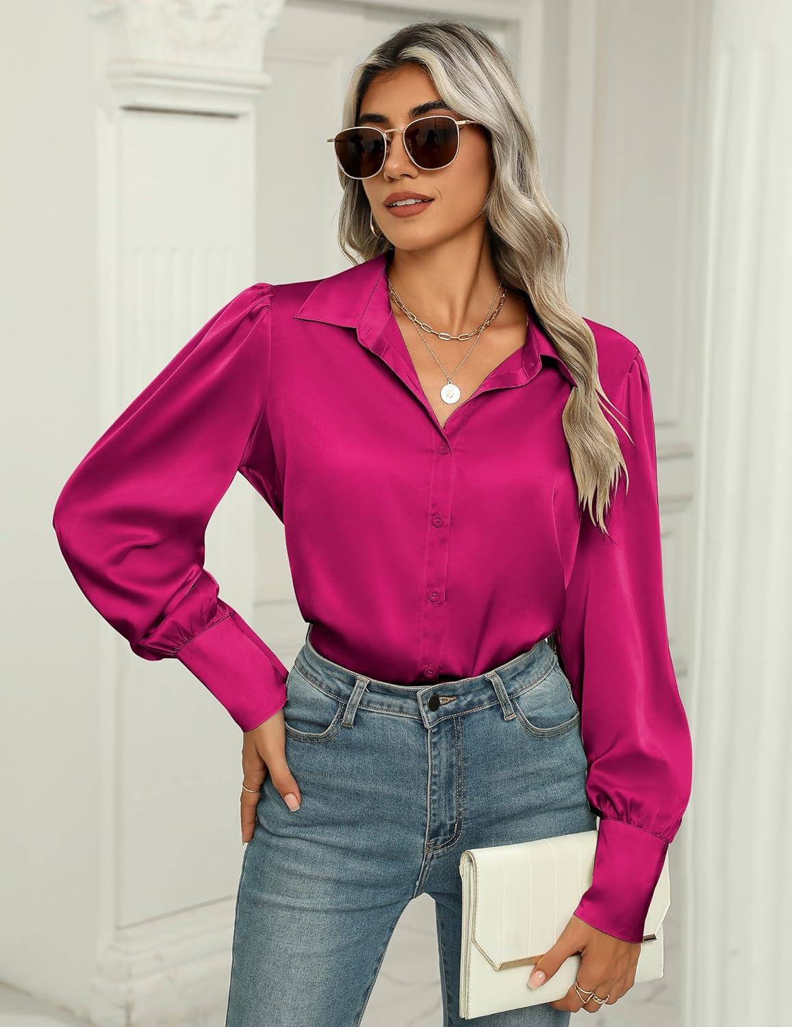 imageZeagoo Womens Satin Blouse Lantern Long Sleeve Silk Button Down Shirt Dressy Casual Business Work Tunic TopsHot Pink