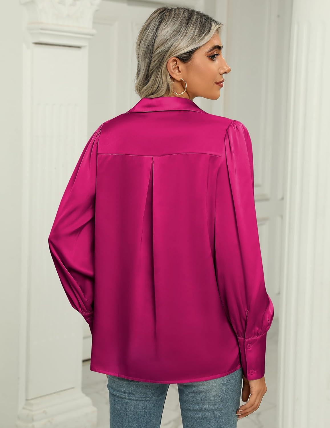 imageZeagoo Womens Satin Blouse Lantern Long Sleeve Silk Button Down Shirt Dressy Casual Business Work Tunic TopsHot Pink