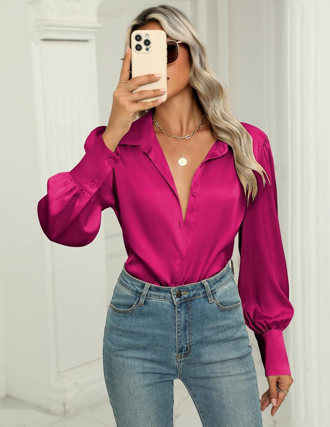 imageZeagoo Womens Satin Blouse Lantern Long Sleeve Silk Button Down Shirt Dressy Casual Business Work Tunic TopsHot Pink