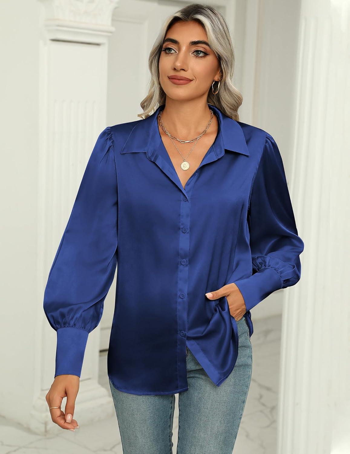 imageZeagoo Womens Satin Blouse Lantern Long Sleeve Silk Button Down Shirt Dressy Casual Business Work Tunic TopsNavy Blue