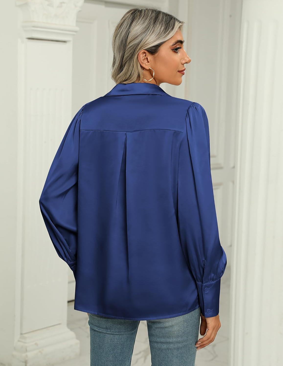 imageZeagoo Womens Satin Blouse Lantern Long Sleeve Silk Button Down Shirt Dressy Casual Business Work Tunic TopsNavy Blue