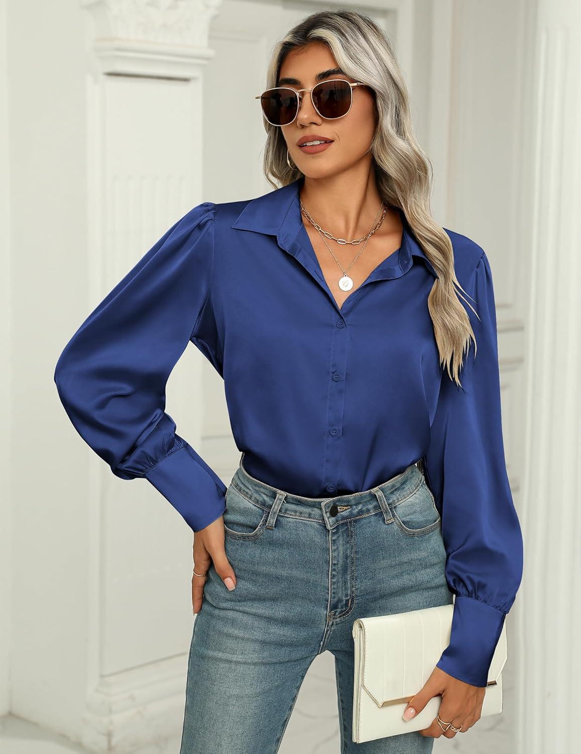 imageZeagoo Womens Satin Blouse Lantern Long Sleeve Silk Button Down Shirt Dressy Casual Business Work Tunic TopsNavy Blue