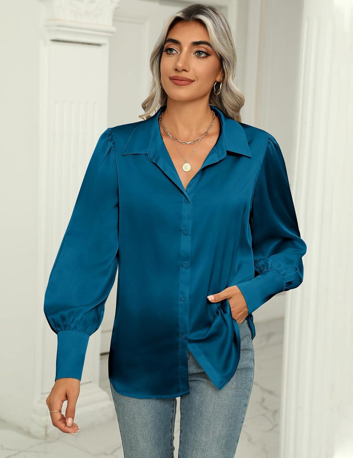 imageZeagoo Womens Satin Blouse Lantern Long Sleeve Silk Button Down Shirt Dressy Casual Business Work Tunic TopsPeacock Blue