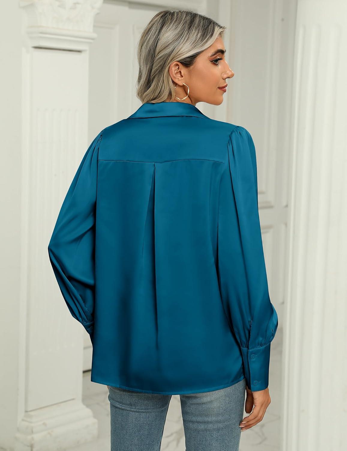 imageZeagoo Womens Satin Blouse Lantern Long Sleeve Silk Button Down Shirt Dressy Casual Business Work Tunic TopsPeacock Blue