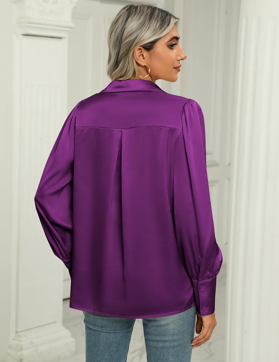 imageZeagoo Womens Satin Blouse Lantern Long Sleeve Silk Button Down Shirt Dressy Casual Business Work Tunic TopsPurple