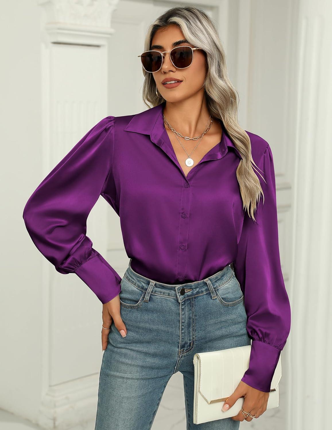 imageZeagoo Womens Satin Blouse Lantern Long Sleeve Silk Button Down Shirt Dressy Casual Business Work Tunic TopsPurple