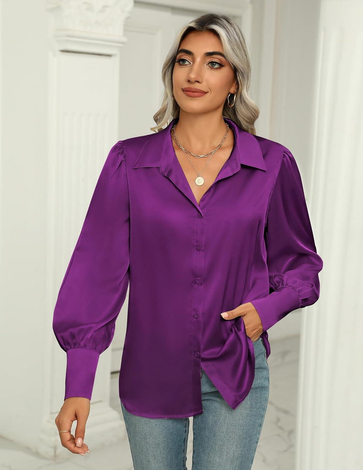 imageZeagoo Womens Satin Blouse Lantern Long Sleeve Silk Button Down Shirt Dressy Casual Business Work Tunic TopsPurple