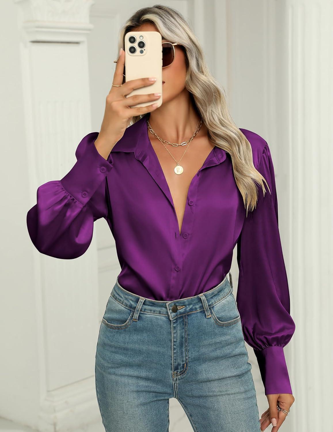 imageZeagoo Womens Satin Blouse Lantern Long Sleeve Silk Button Down Shirt Dressy Casual Business Work Tunic TopsPurple
