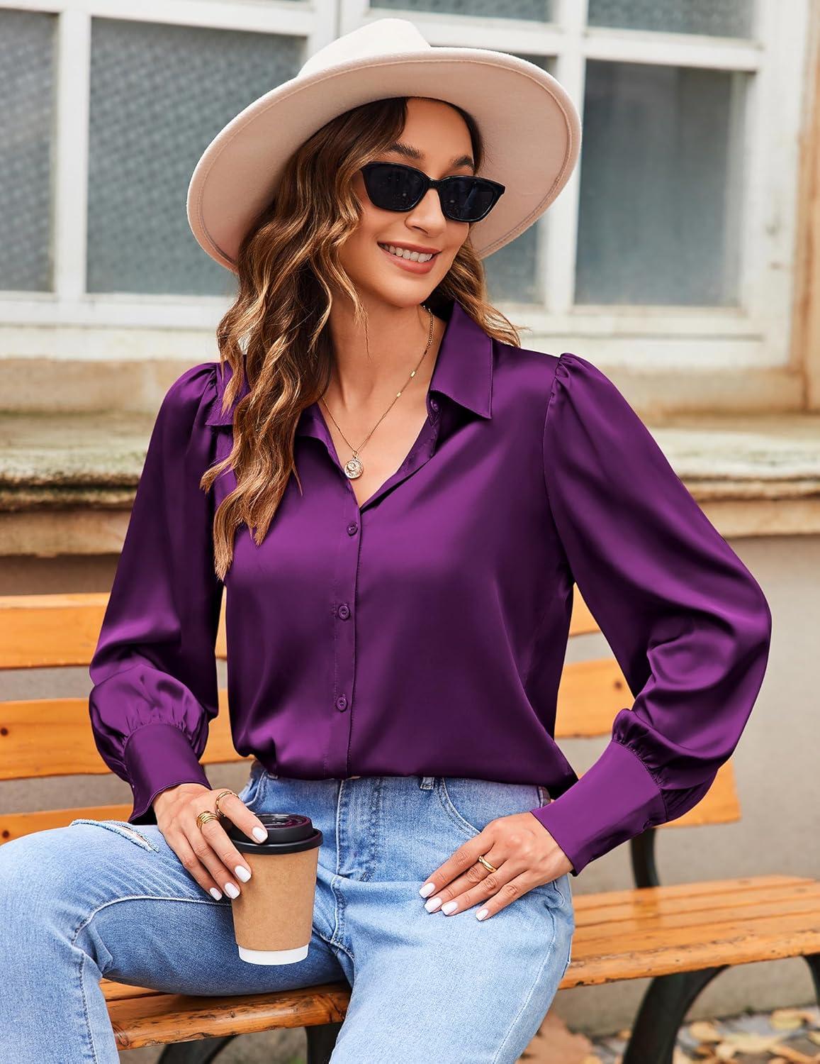 imageZeagoo Womens Satin Blouse Lantern Long Sleeve Silk Button Down Shirt Dressy Casual Business Work Tunic TopsPurple