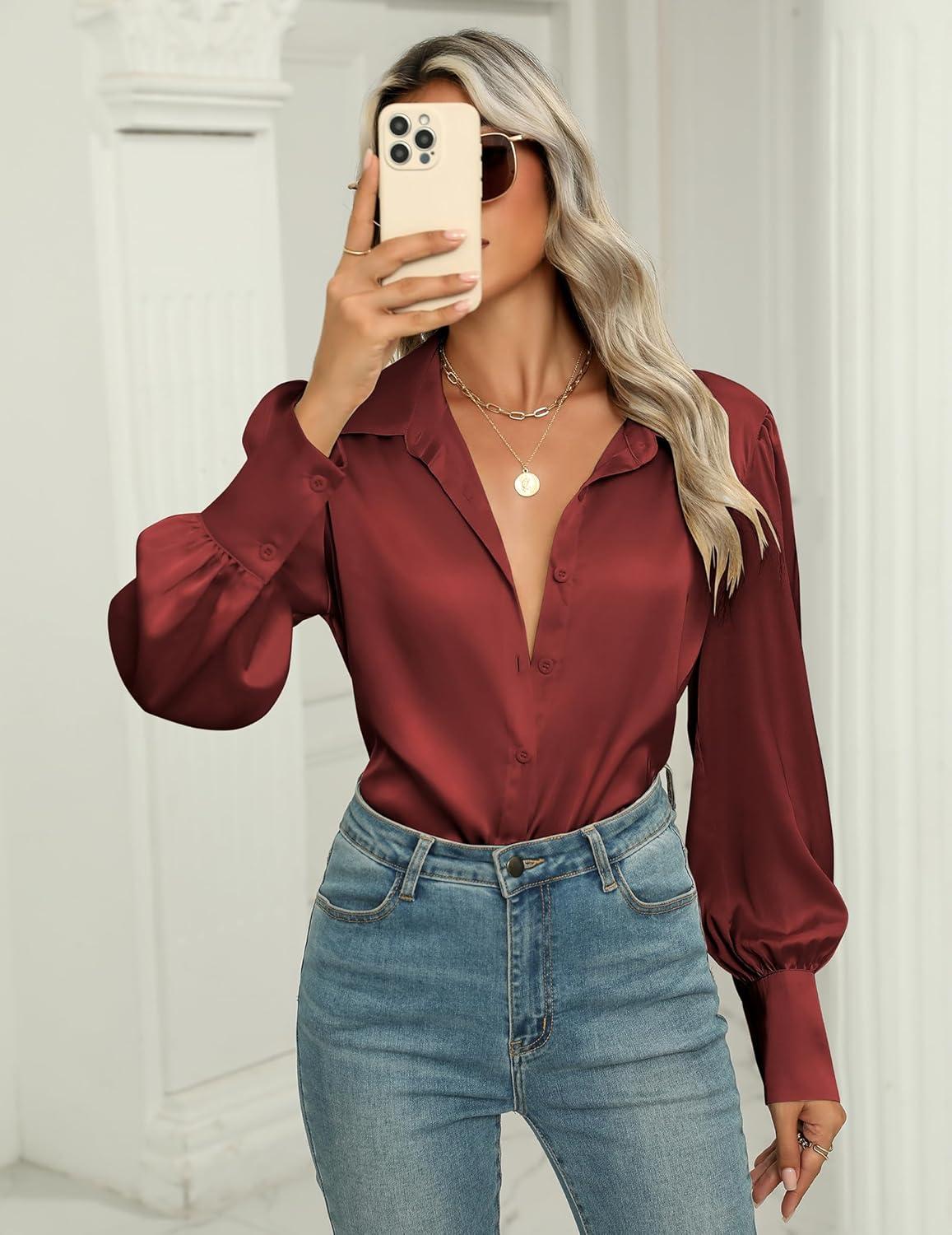imageZeagoo Womens Satin Blouse Lantern Long Sleeve Silk Button Down Shirt Dressy Casual Business Work Tunic TopsWine Red