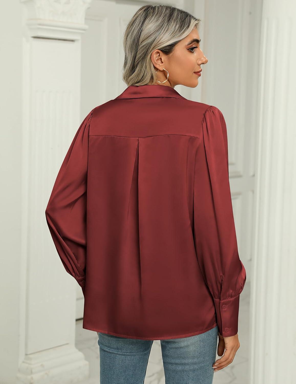 imageZeagoo Womens Satin Blouse Lantern Long Sleeve Silk Button Down Shirt Dressy Casual Business Work Tunic TopsWine Red
