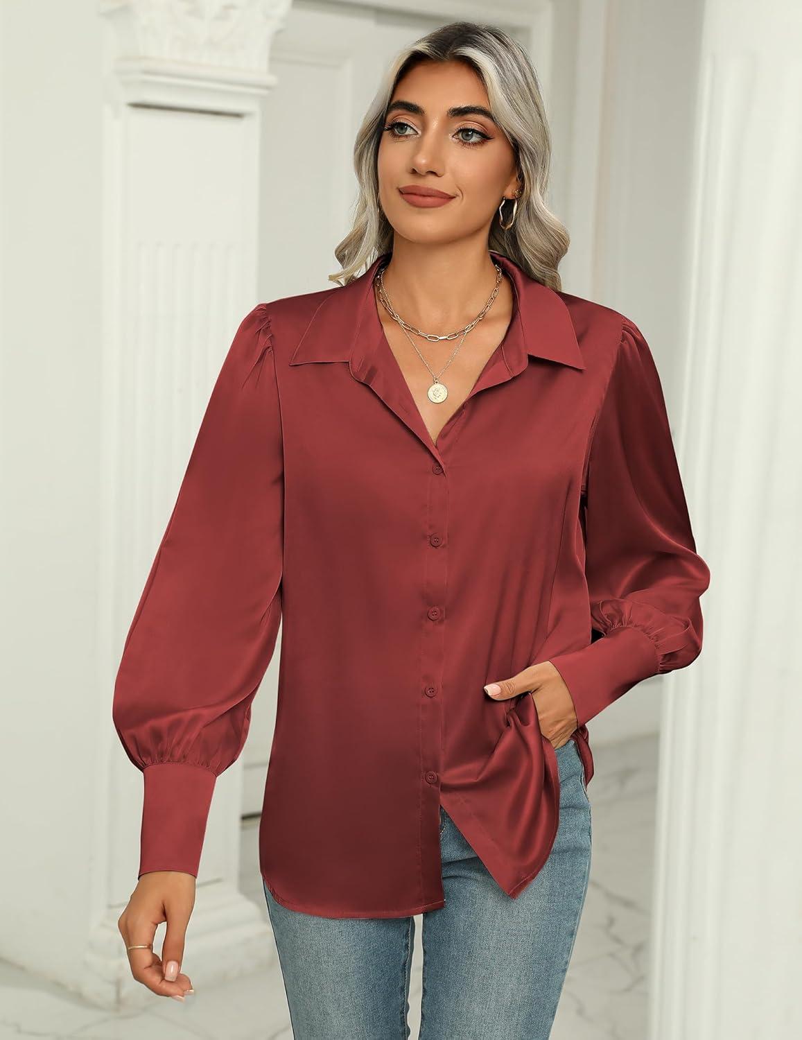 imageZeagoo Womens Satin Blouse Lantern Long Sleeve Silk Button Down Shirt Dressy Casual Business Work Tunic TopsWine Red