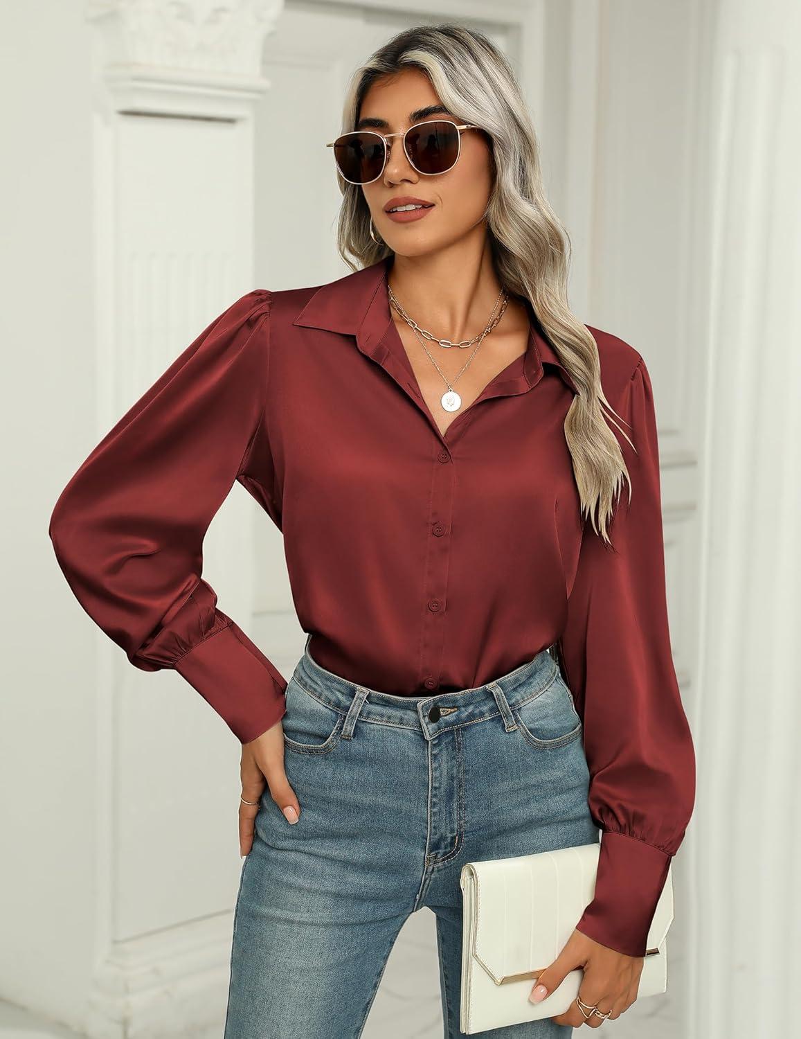 imageZeagoo Womens Satin Blouse Lantern Long Sleeve Silk Button Down Shirt Dressy Casual Business Work Tunic TopsWine Red
