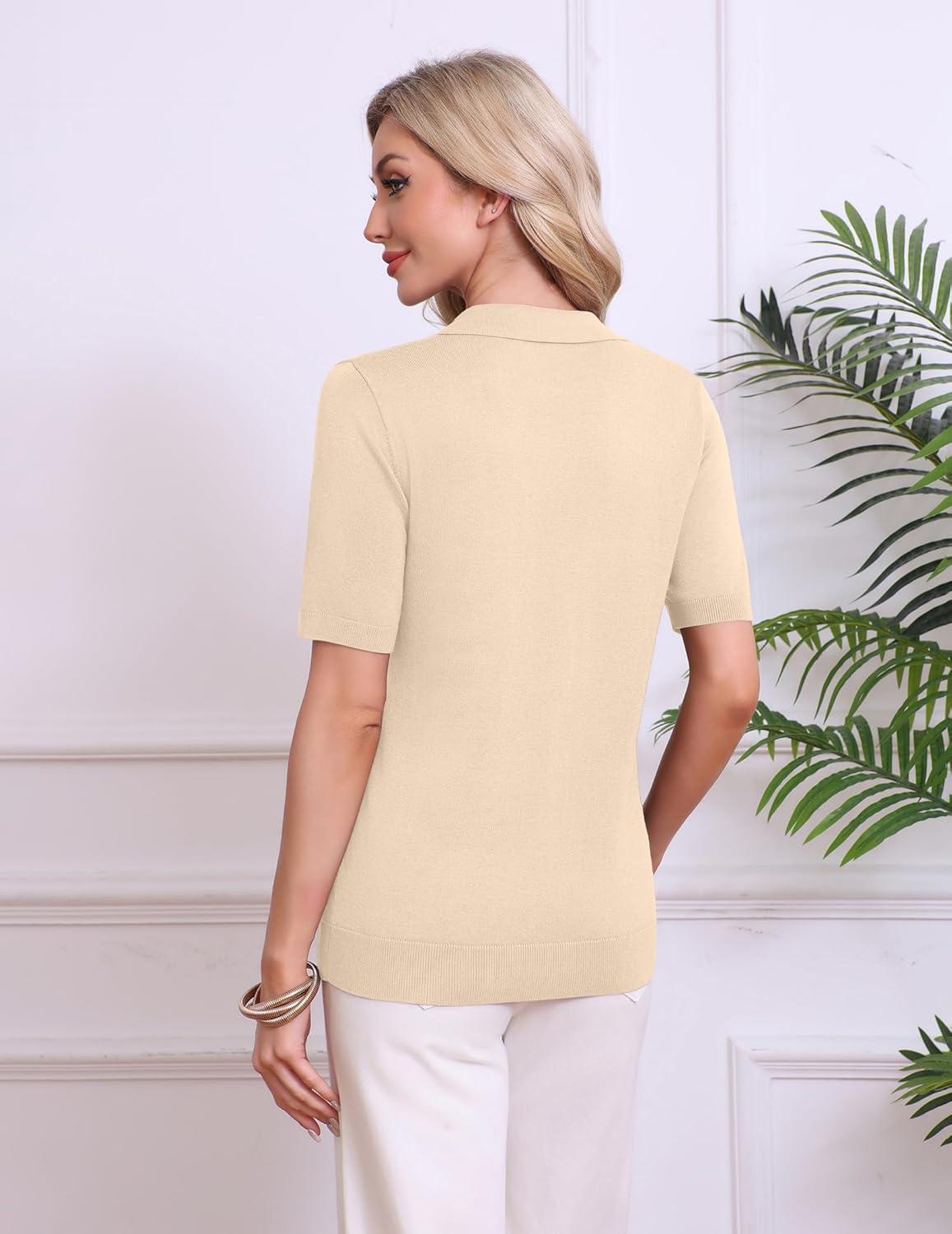 imageZeagoo Womens Short Sleeve Polo Sweater V Neck Knitted Spring Casual Work Tops Loose Pullover ShirtBeige