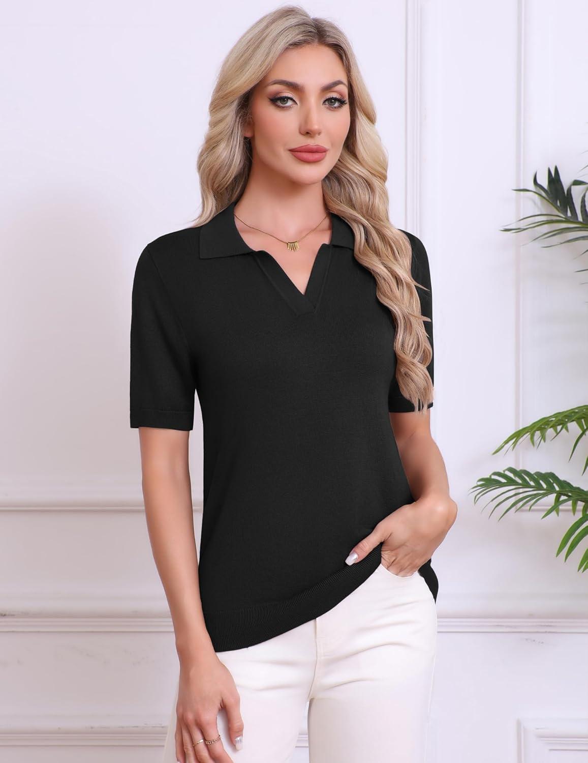 imageZeagoo Womens Short Sleeve Polo Sweater V Neck Knitted Spring Casual Work Tops Loose Pullover ShirtBlack