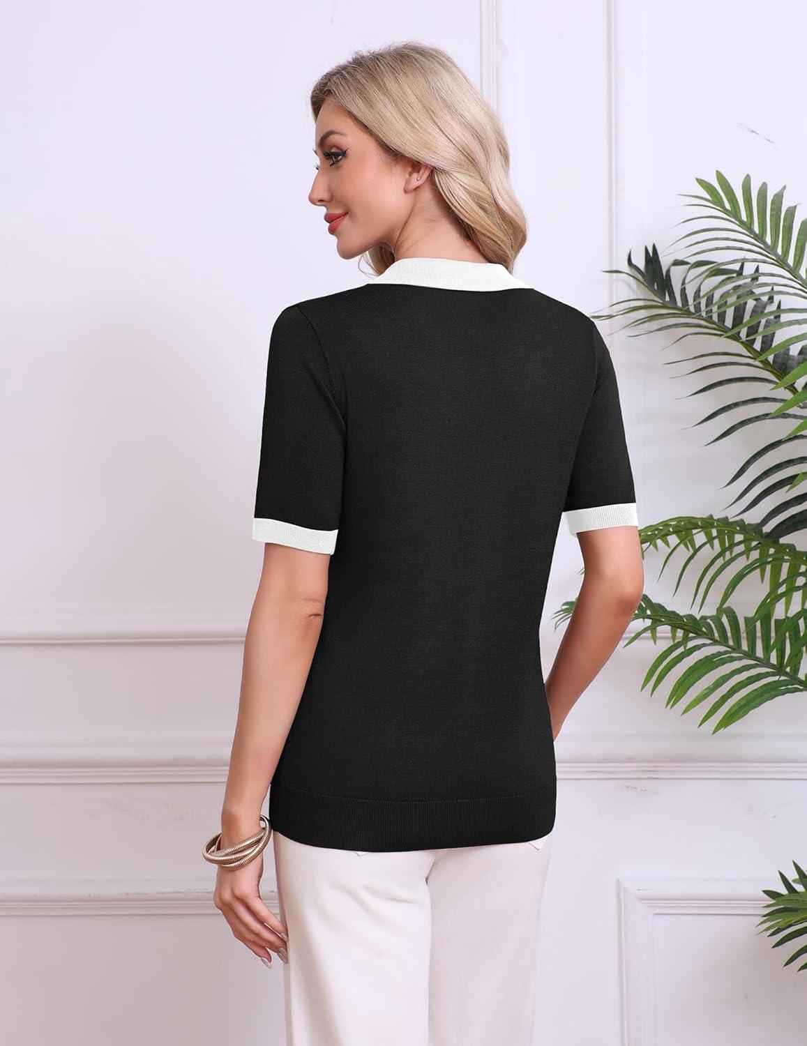 imageZeagoo Womens Short Sleeve Polo Sweater V Neck Knitted Spring Casual Work Tops Loose Pullover ShirtBlack White