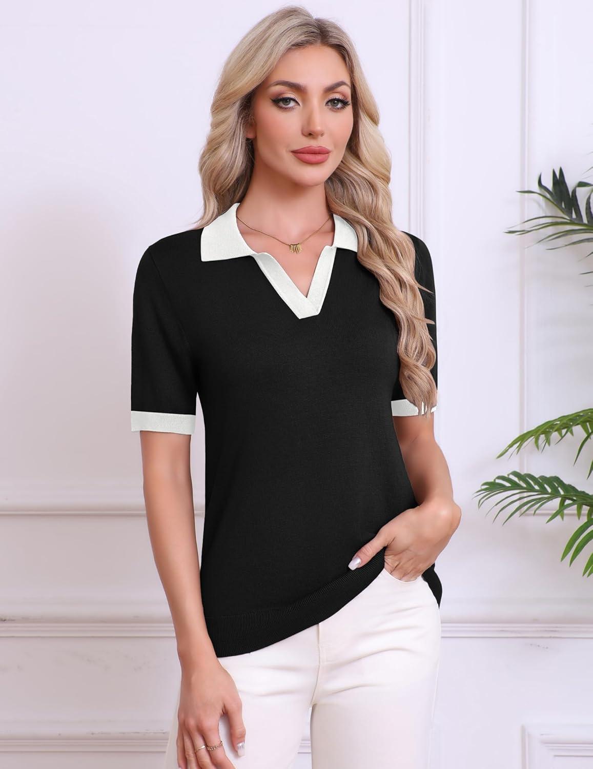 imageZeagoo Womens Short Sleeve Polo Sweater V Neck Knitted Spring Casual Work Tops Loose Pullover ShirtBlack White