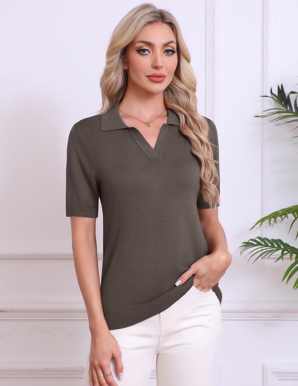 imageZeagoo Womens Short Sleeve Polo Sweater V Neck Knitted Spring Casual Work Tops Loose Pullover ShirtBrown