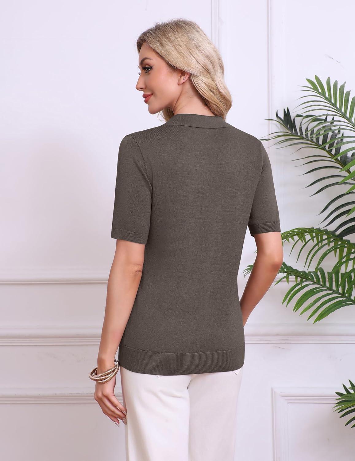 imageZeagoo Womens Short Sleeve Polo Sweater V Neck Knitted Spring Casual Work Tops Loose Pullover ShirtBrown