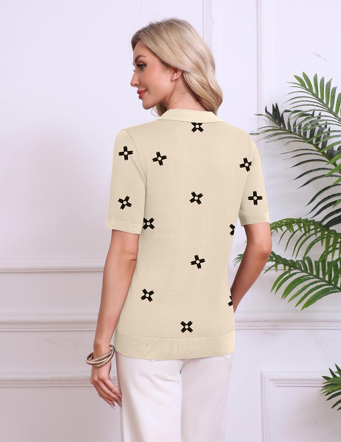 imageZeagoo Womens Short Sleeve Polo Sweater V Neck Knitted Spring Casual Work Tops Loose Pullover ShirtFloral Apricot