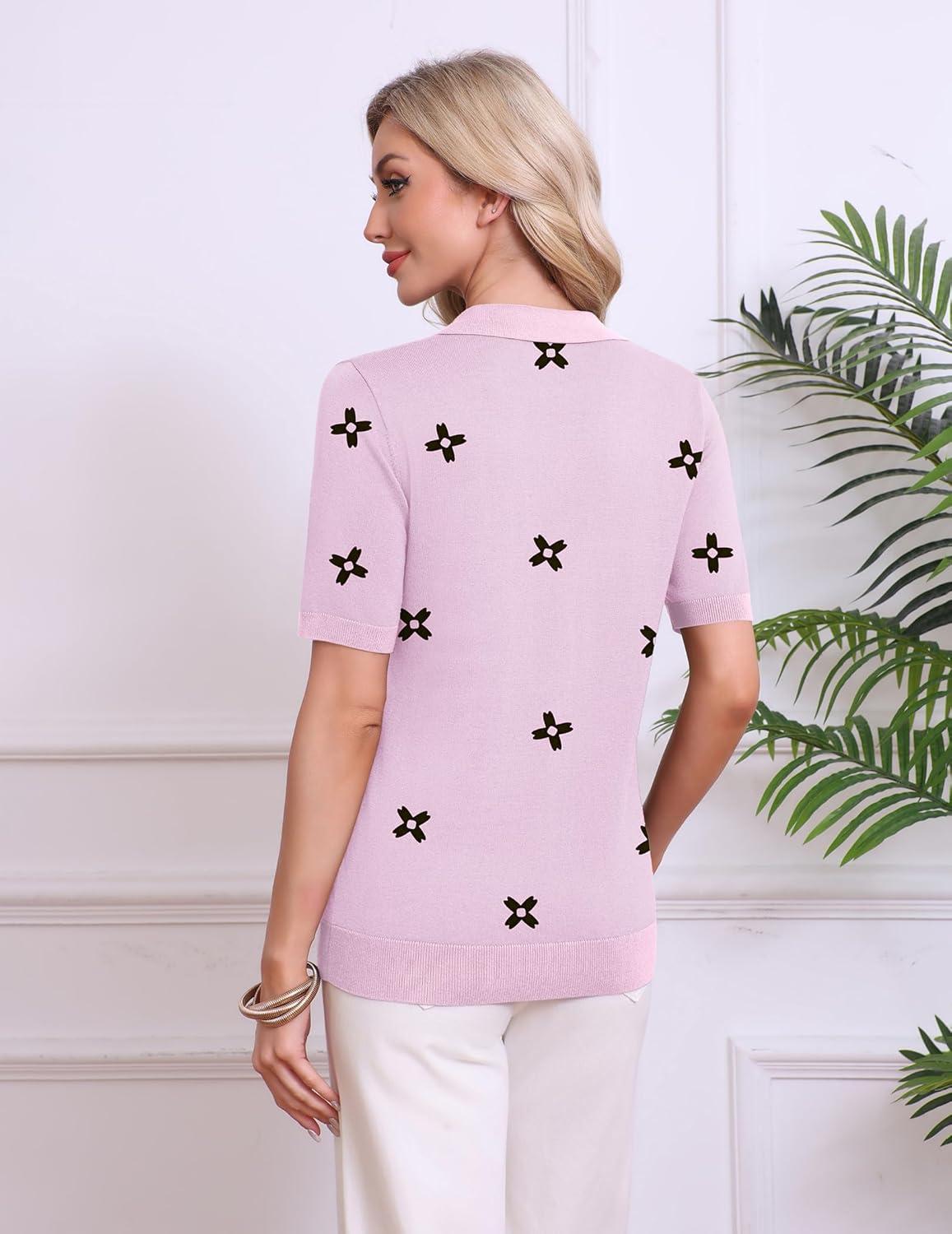 imageZeagoo Womens Short Sleeve Polo Sweater V Neck Knitted Spring Casual Work Tops Loose Pullover ShirtFloral Pink