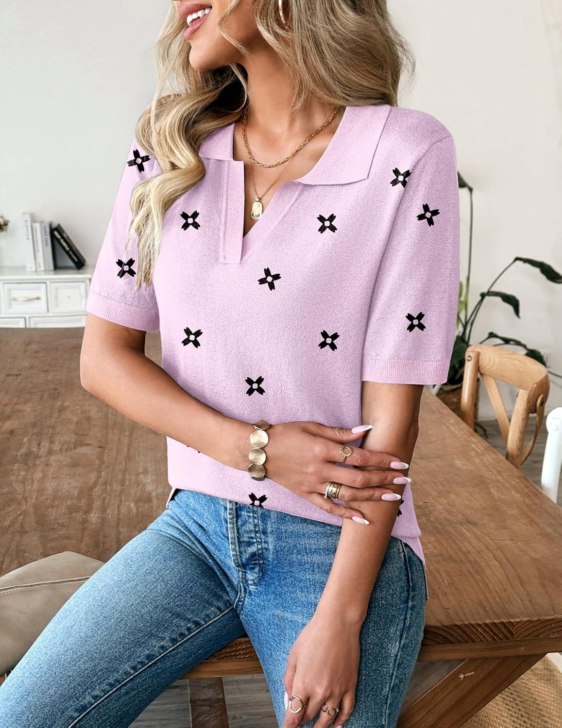 imageZeagoo Womens Short Sleeve Polo Sweater V Neck Knitted Spring Casual Work Tops Loose Pullover ShirtFloral Pink