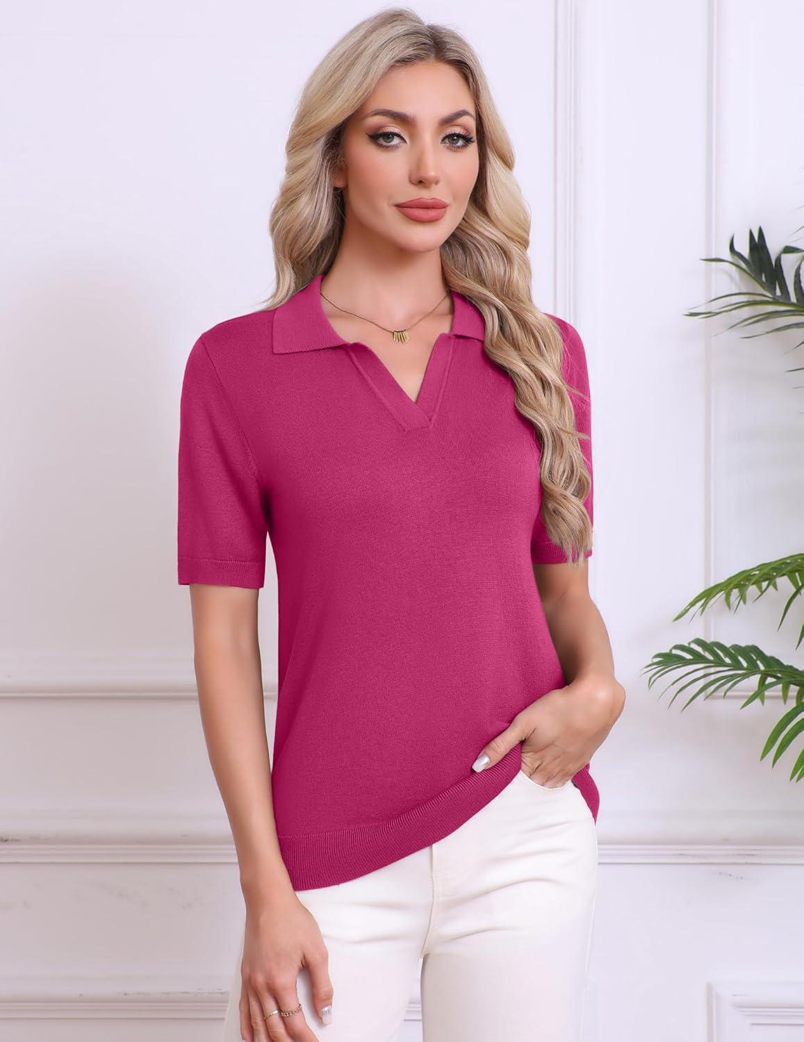 imageZeagoo Womens Short Sleeve Polo Sweater V Neck Knitted Spring Casual Work Tops Loose Pullover ShirtHot Pink