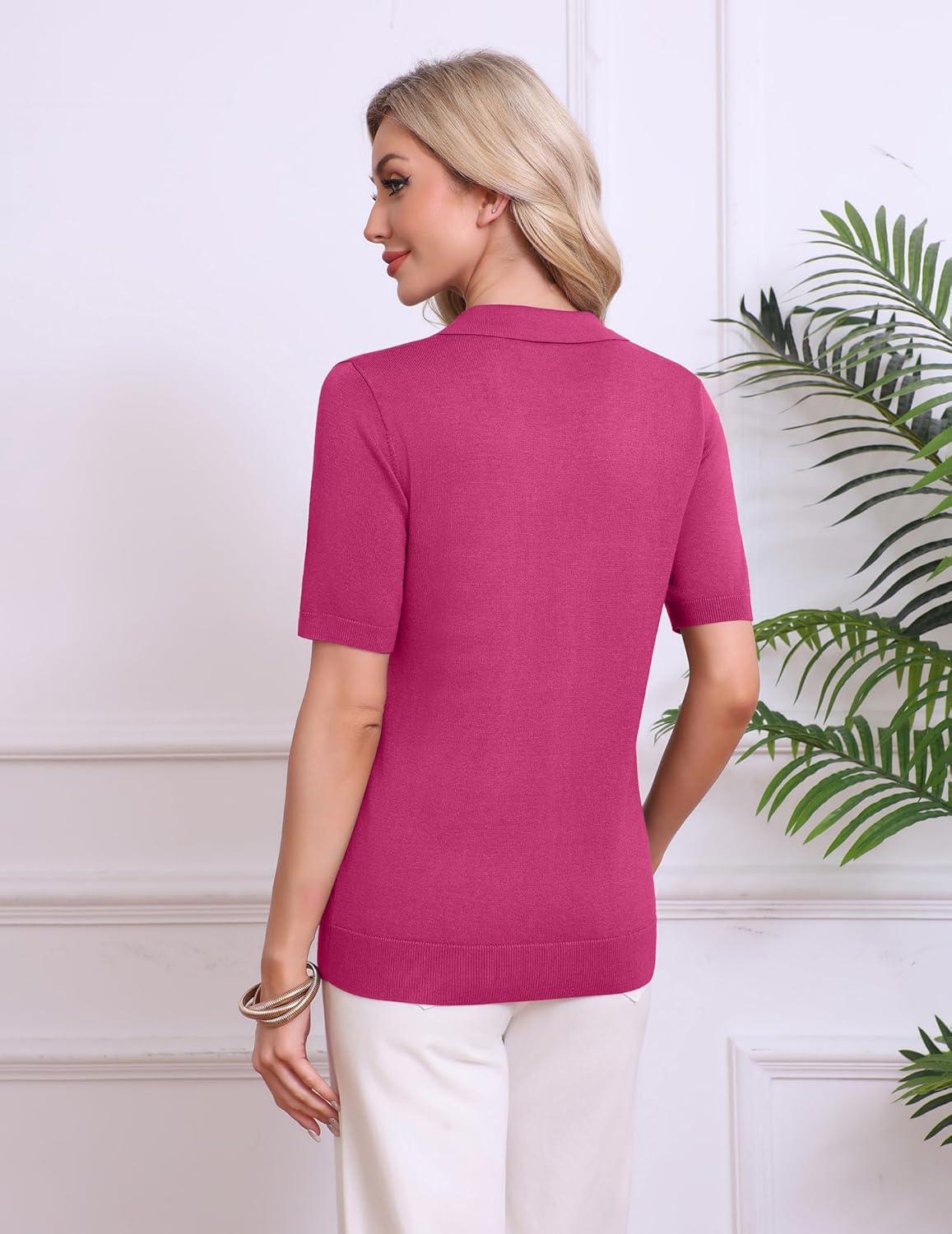 imageZeagoo Womens Short Sleeve Polo Sweater V Neck Knitted Spring Casual Work Tops Loose Pullover ShirtHot Pink