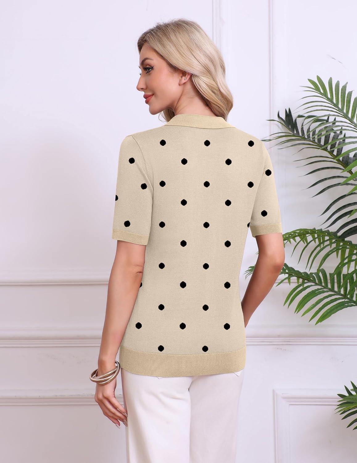 imageZeagoo Womens Short Sleeve Polo Sweater V Neck Knitted Spring Casual Work Tops Loose Pullover ShirtPolka Dot Apricot