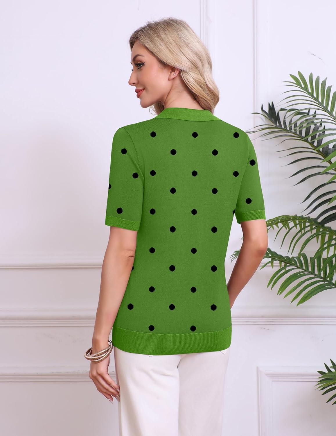 imageZeagoo Womens Short Sleeve Polo Sweater V Neck Knitted Spring Casual Work Tops Loose Pullover ShirtPolka Dot Green