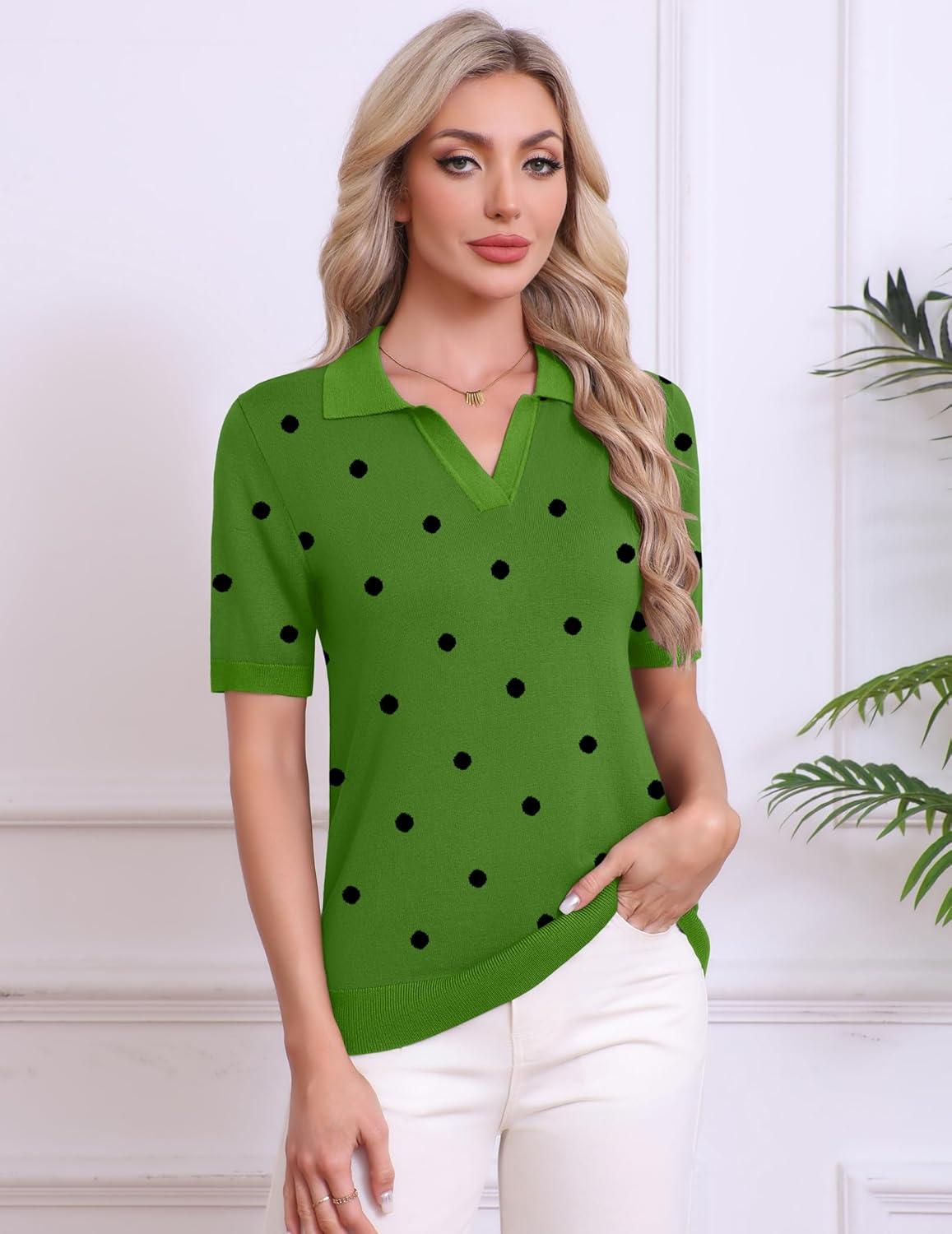 imageZeagoo Womens Short Sleeve Polo Sweater V Neck Knitted Spring Casual Work Tops Loose Pullover ShirtPolka Dot Green