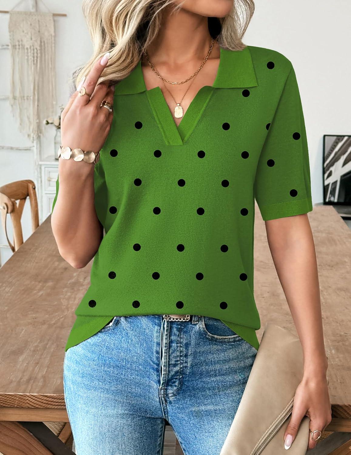 imageZeagoo Womens Short Sleeve Polo Sweater V Neck Knitted Spring Casual Work Tops Loose Pullover ShirtPolka Dot Green