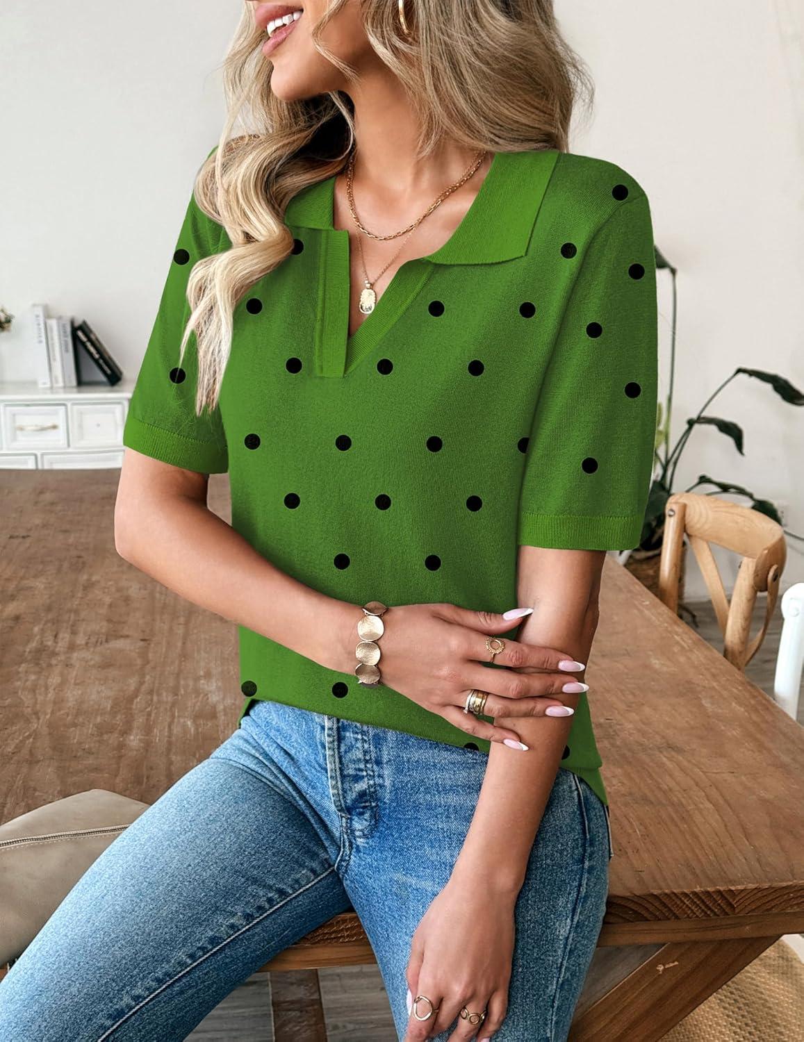 imageZeagoo Womens Short Sleeve Polo Sweater V Neck Knitted Spring Casual Work Tops Loose Pullover ShirtPolka Dot Green