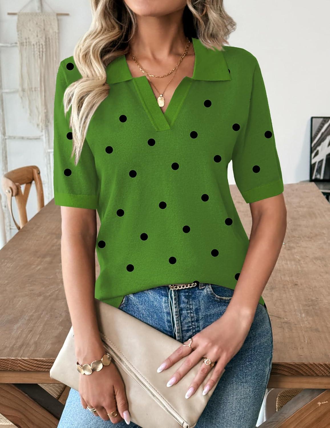 imageZeagoo Womens Short Sleeve Polo Sweater V Neck Knitted Spring Casual Work Tops Loose Pullover ShirtPolka Dot Green