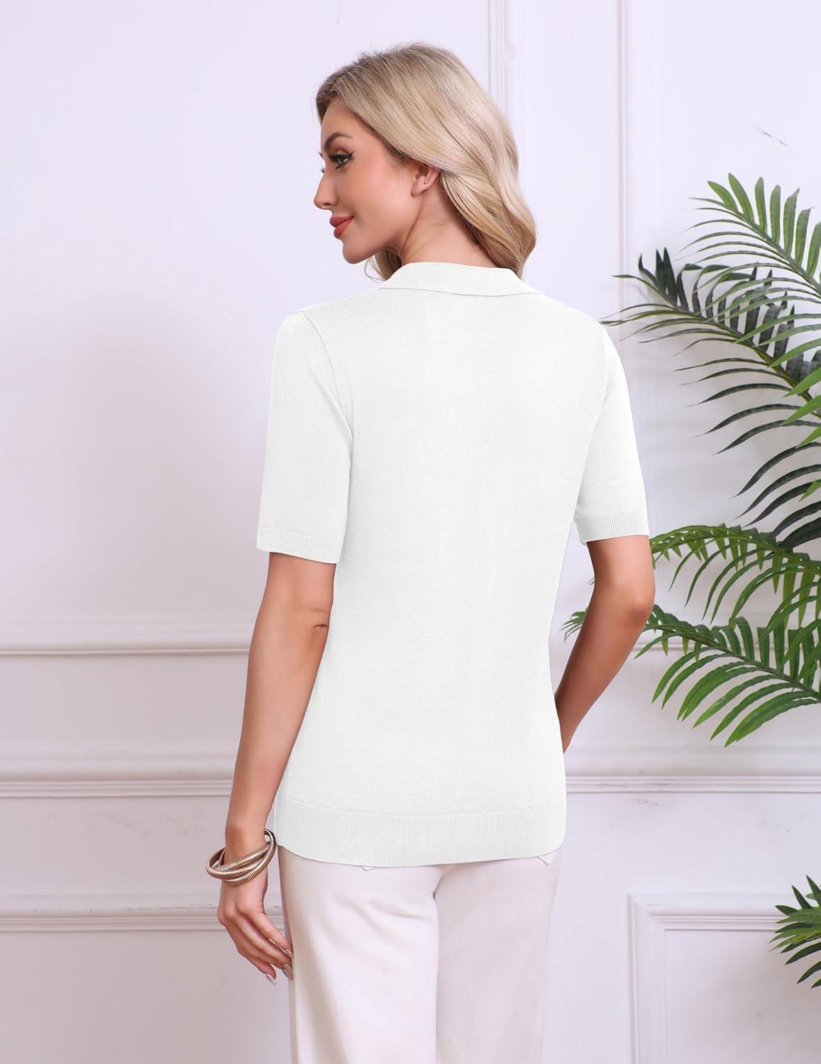 imageZeagoo Womens Short Sleeve Polo Sweater V Neck Knitted Spring Casual Work Tops Loose Pullover ShirtWhite