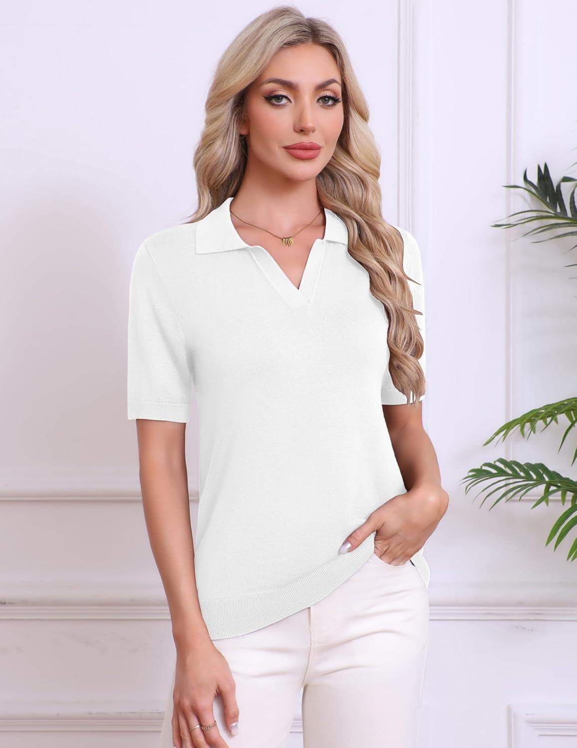 imageZeagoo Womens Short Sleeve Polo Sweater V Neck Knitted Spring Casual Work Tops Loose Pullover ShirtWhite