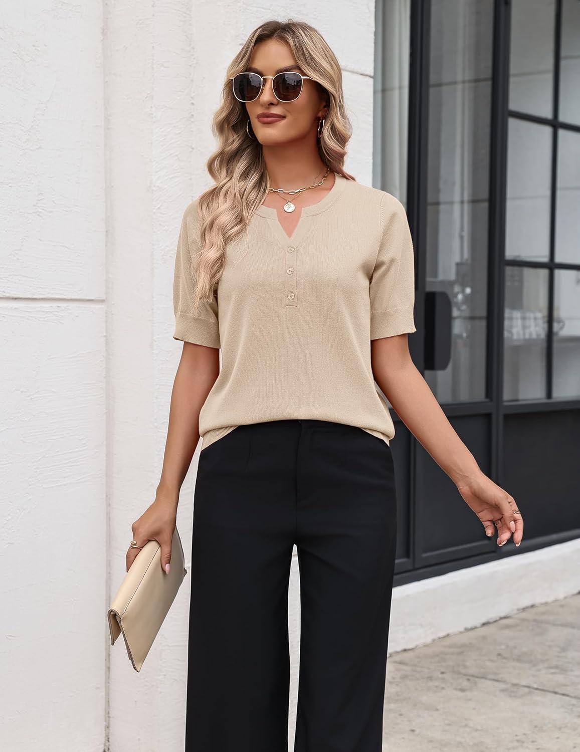 imageZeagoo Womens Short Sleeve Sweater 2026 Spring Summer Tops Lightweight Casual V Neck Sweaters Dressy Work Blouses ClothesApricot